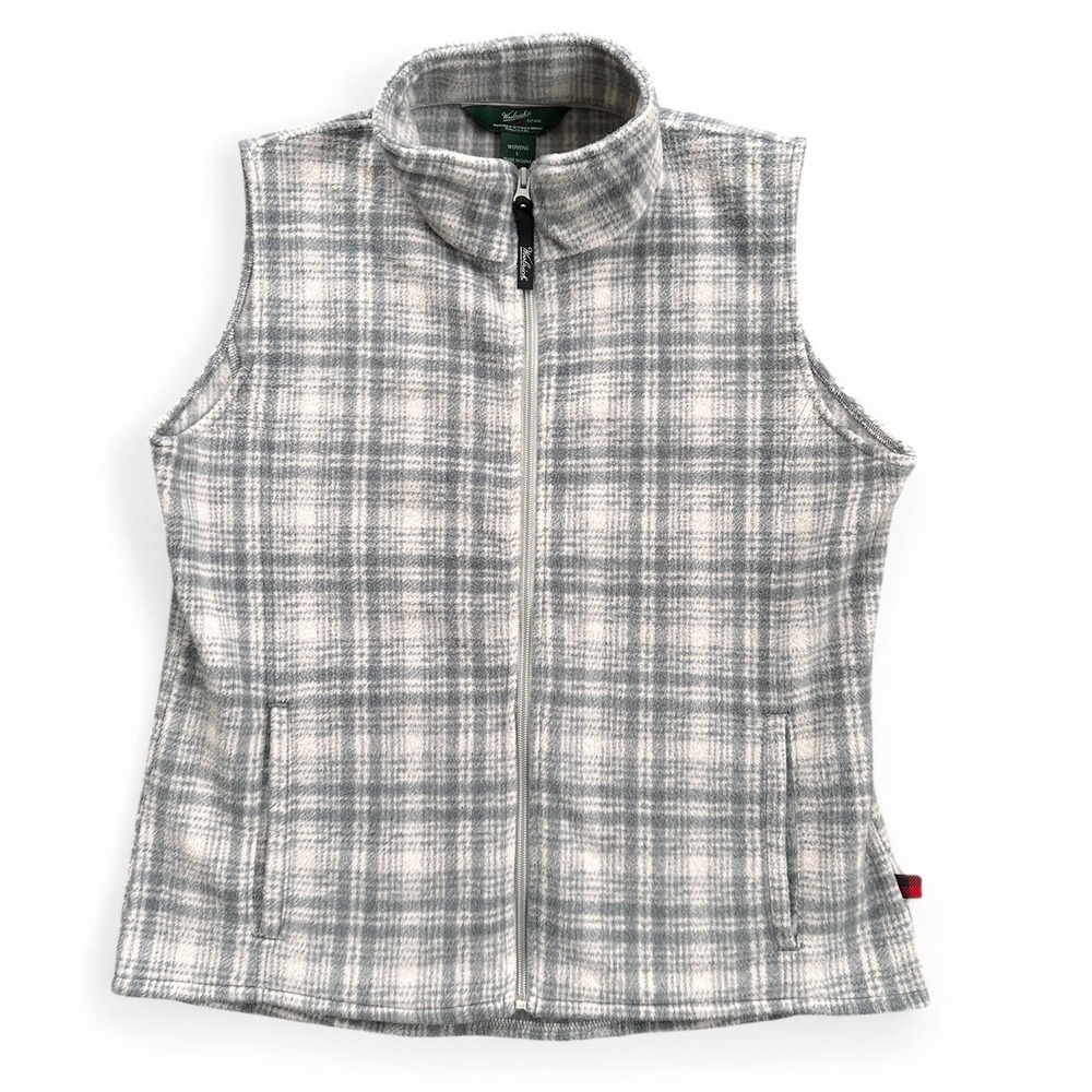 Woolrich Fleece Vest Womens L Grey‎ White Plaid Excellent Frost Hunt 18531 Zip